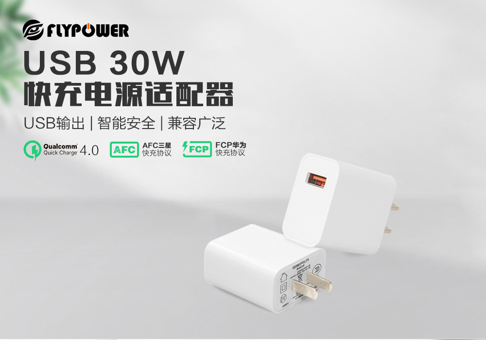 飛天鷹30W USB快充電源適配器，體積小巧，便攜性高